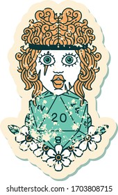 grunge sticker of a human barbarian with natural twenty dice roll