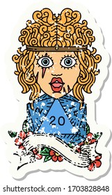 grunge sticker of a human barbarian with natural twenty dice roll