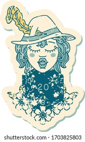 grunge sticker of a human bard with natural 20 dice roll
