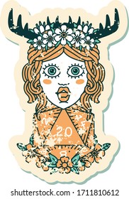 grunge sticker of a human druid with natural twenty dice roll