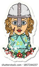 grunge sticker of a human fighter with natural 20 D20 dice roll