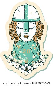 grunge sticker of a human fighter with natural 20 D20 dice roll