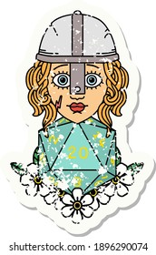 grunge sticker of a human fighter with natural 20 D20 dice roll