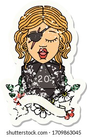 grunge sticker of a human rogue with natural 20 dice roll