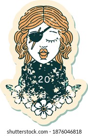 grunge sticker of a human rogue with natural twenty dice roll