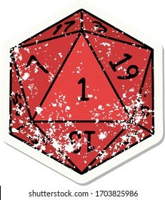 grunge sticker of a natural 1 D20 dice roll