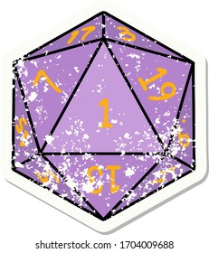 grunge sticker of a natural 1 D20 dice roll