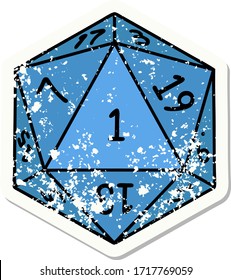 grunge sticker of a natural 1 D20 dice roll