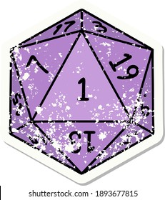 grunge sticker of a natural 1 D20 dice roll