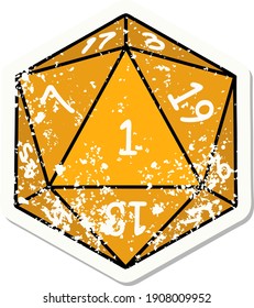 grunge sticker of a natural 1 D20 dice roll