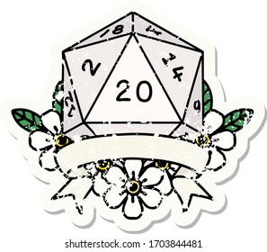 grunge sticker of a natural 20 critical hit D20 dice roll