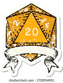 grunge sticker of a natural 20 critical hit D20 dice roll