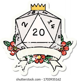 grunge sticker of a natural 20 critical hit D20 dice roll
