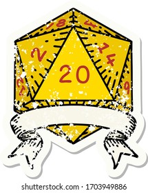 grunge sticker of a natural 20 critical hit D20 dice roll