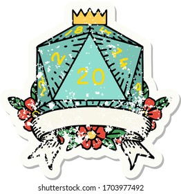 grunge sticker of a natural 20 critical hit D20 dice roll
