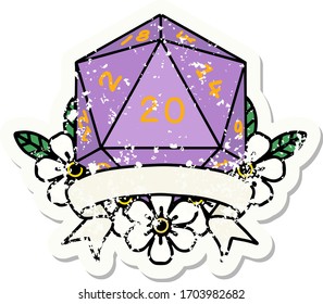 grunge sticker of a natural 20 critical hit D20 dice roll