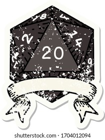 grunge sticker of a natural 20 critical hit D20 dice roll