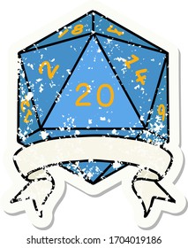 grunge sticker of a natural 20 critical hit D20 dice roll