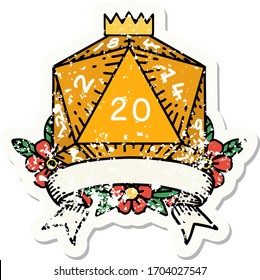 grunge sticker of a natural 20 critical hit D20 dice roll