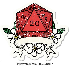 grunge sticker of a natural 20 critical hit D20 dice roll