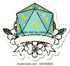 grunge sticker of a natural 20 critical hit D20 dice roll