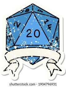 grunge sticker of a natural 20 critical hit D20 dice roll