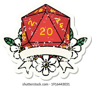 grunge sticker of a natural 20 critical hit D20 dice roll