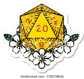 grunge sticker of a natural 20 D20 dice roll with floral elements