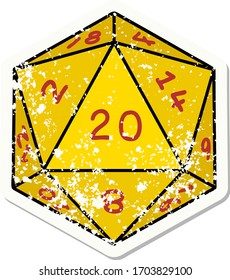 grunge sticker of a natural 20 D20 dice roll