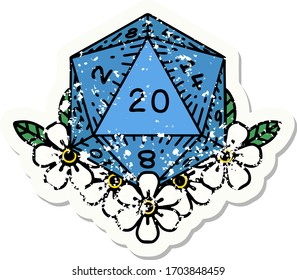 grunge sticker of a natural 20 D20 dice roll with floral elements