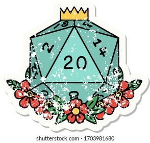 grunge sticker of a natural 20 D20 dice roll with floral elements