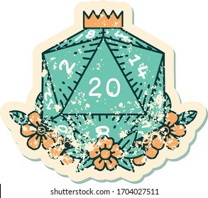 grunge sticker of a natural 20 D20 dice roll with floral elements