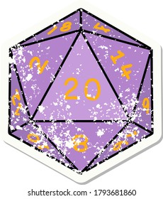 grunge sticker of a natural 20 D20 dice roll