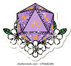 grunge sticker of a natural 20 D20 dice roll with floral elements