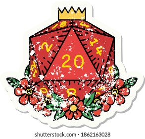 grunge sticker of a natural 20 D20 dice roll with floral elements