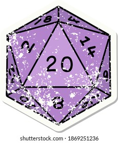 grunge sticker of a natural 20 D20 dice roll