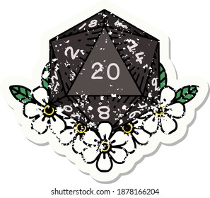 grunge sticker of a natural 20 D20 dice roll with floral elements