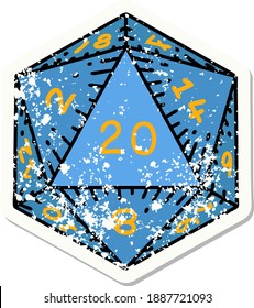 grunge sticker of a natural 20 D20 dice roll