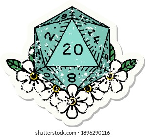 grunge sticker of a natural 20 D20 dice roll with floral elements