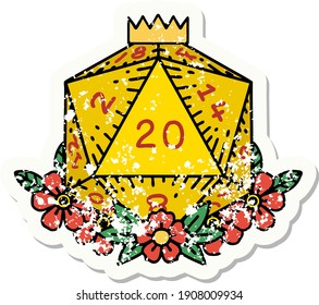 pegatina de grano de un rollo natural de dados 20 D20 con elementos florales