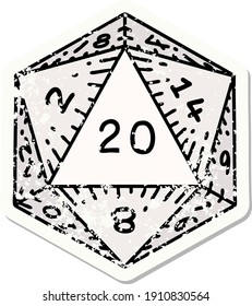 grunge sticker of a natural 20 D20 dice roll