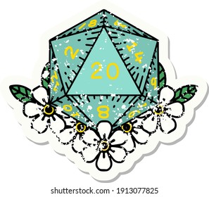 grunge sticker of a natural 20 D20 dice roll with floral elements