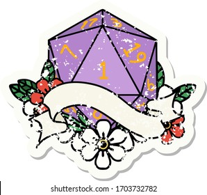 grunge sticker of a natural one d20 dice roll