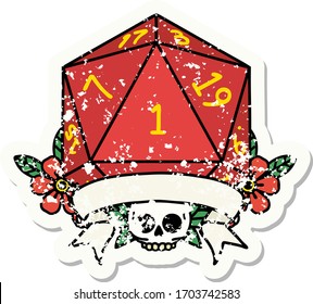 grunge sticker of a natural one d20 dice roll