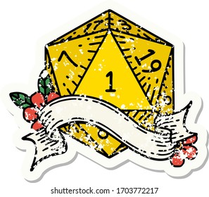 grunge sticker of a natural one d20 dice roll