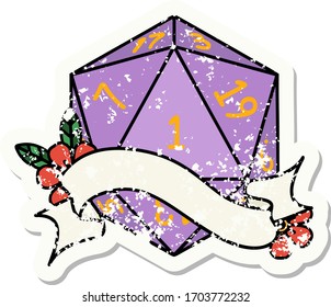 grunge sticker of a natural one d20 dice roll