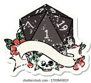 grunge sticker of a natural one d20 dice roll