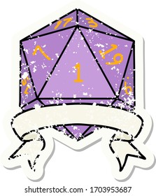 grunge sticker of a natural one d20 dice roll
