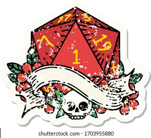 grunge sticker of a natural one d20 dice roll