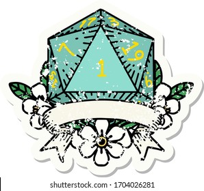 grunge sticker of a natural one d20 dice roll